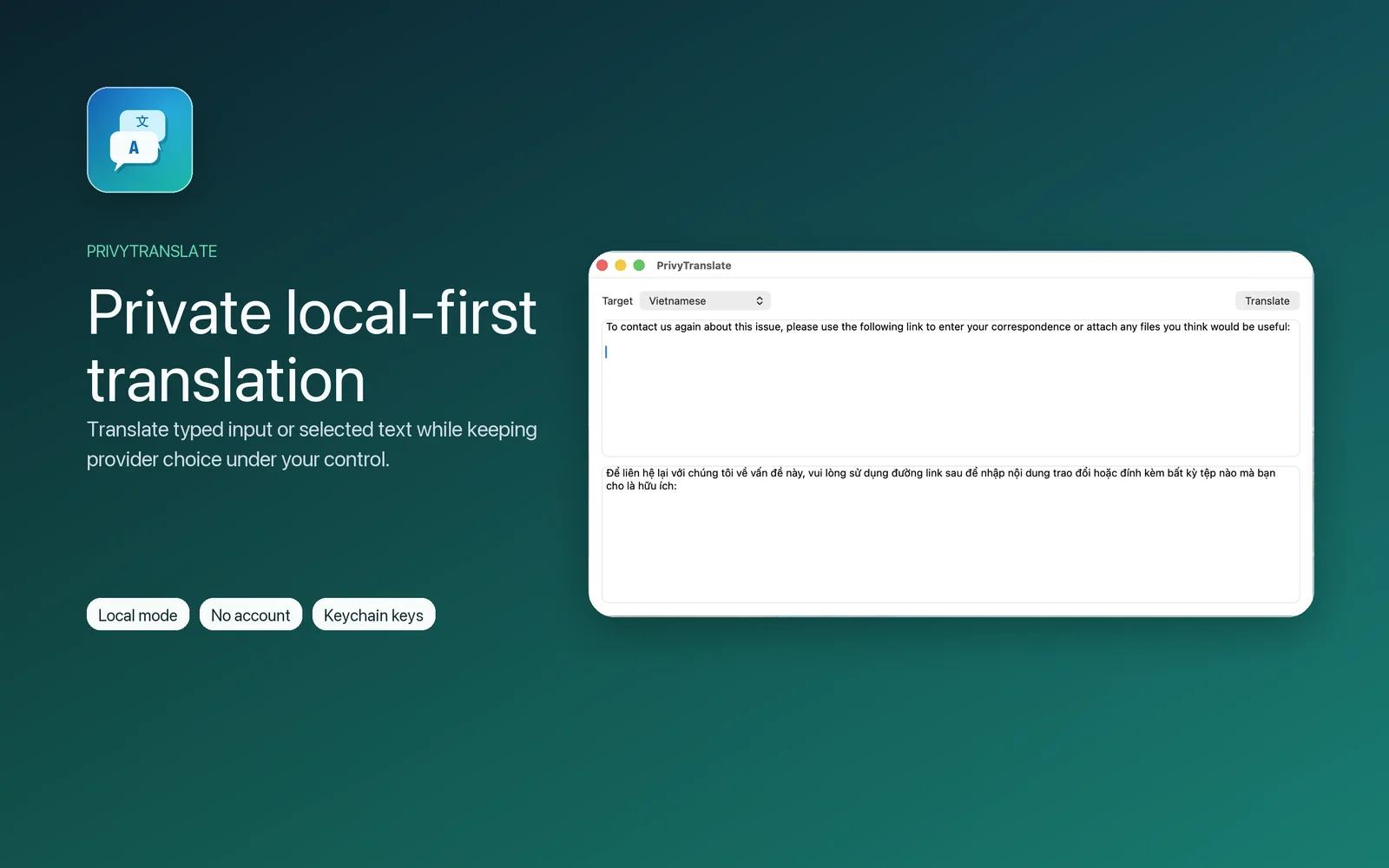 PrivyTranslate on macOS translating typed text with the provider set to local mode
