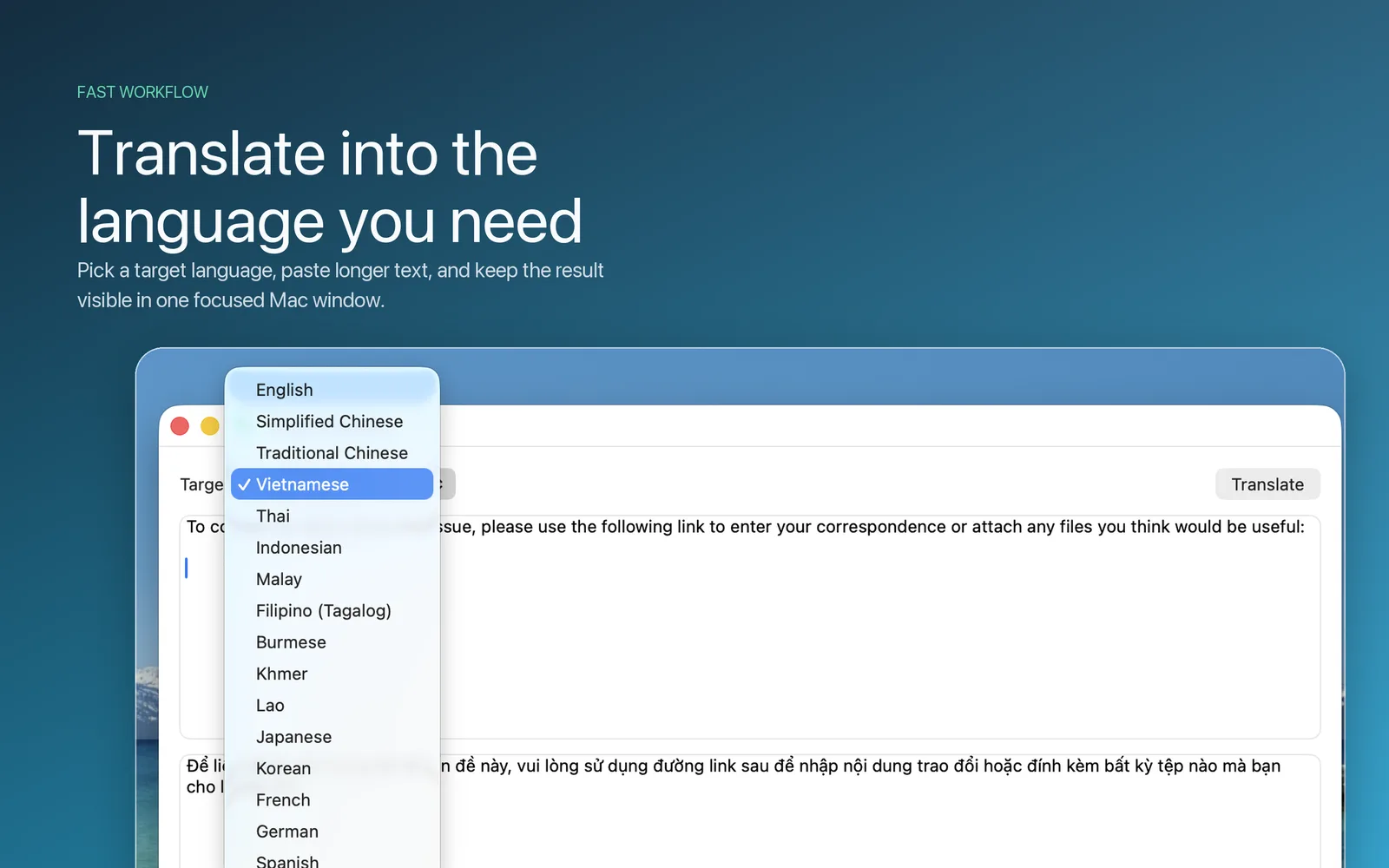The target language menu open over the PrivyTranslate window, showing sixteen languages