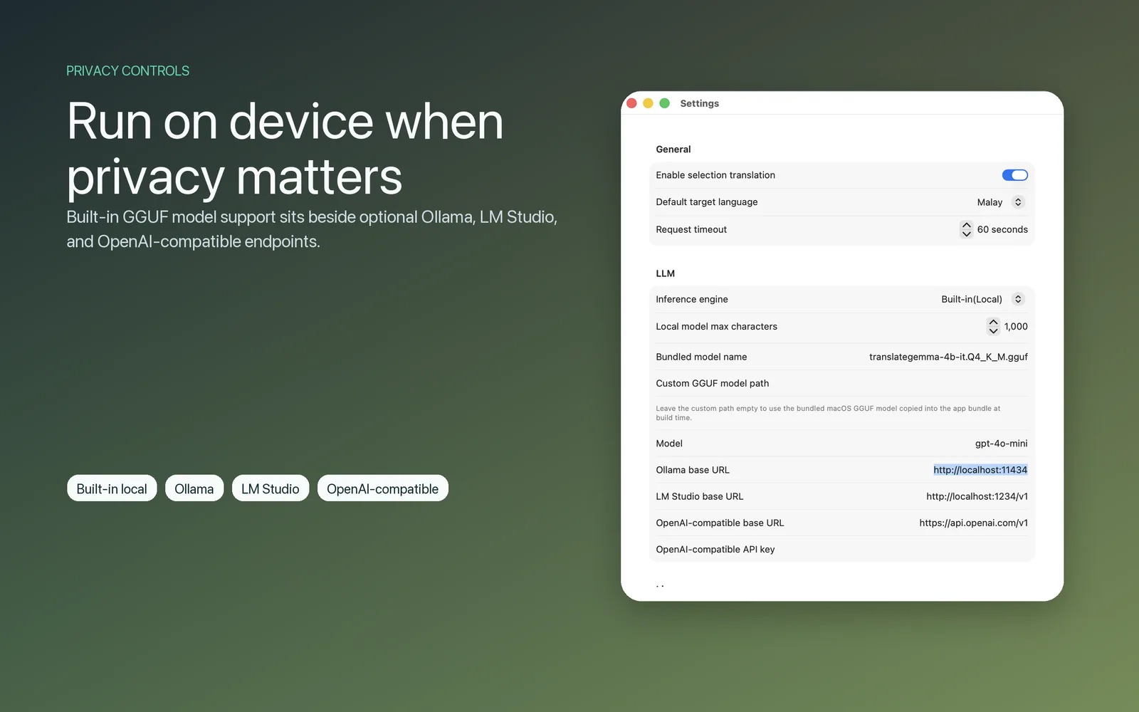 PrivyTranslate settings with built-in local inference selected and remote providers left blank