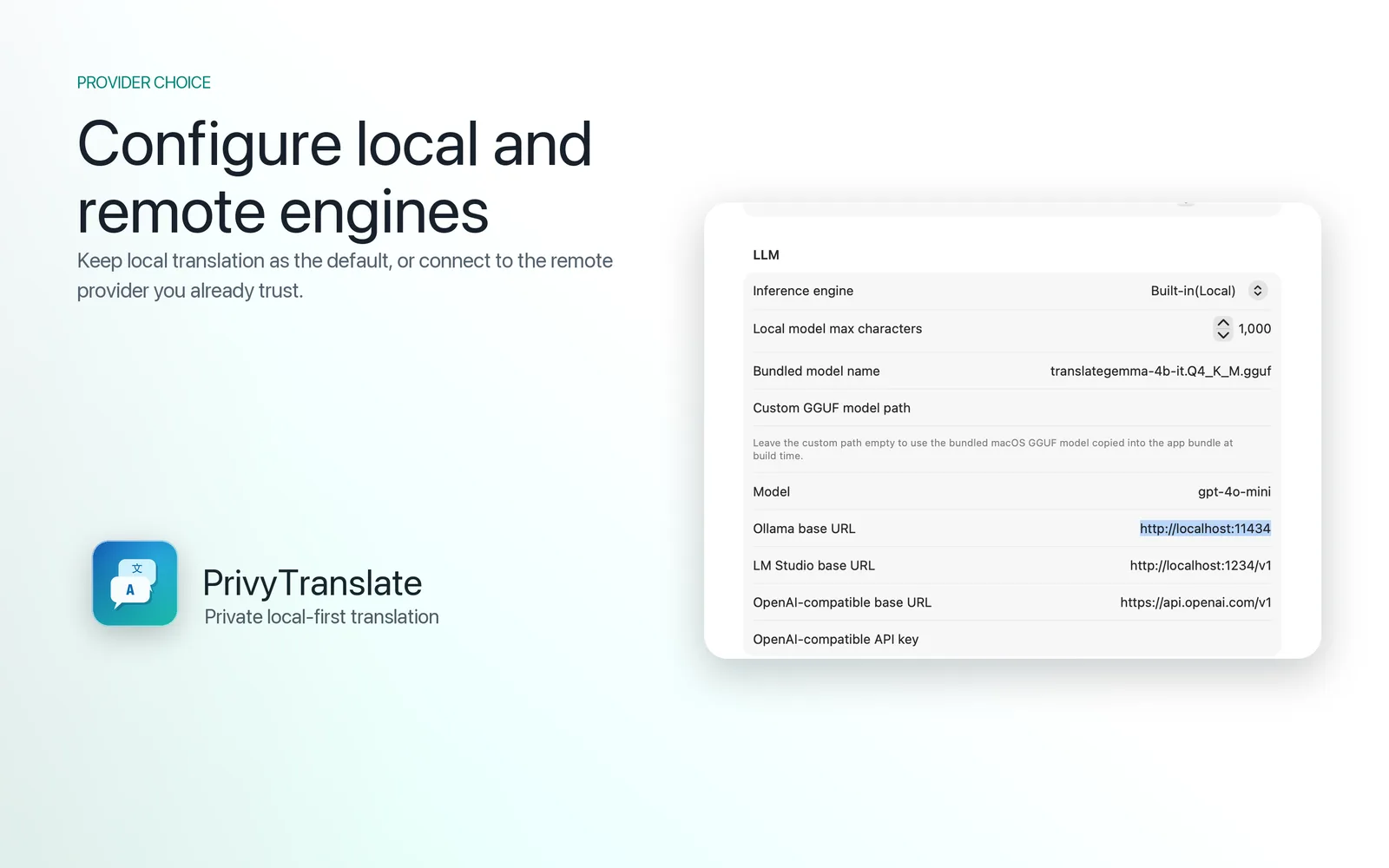 Provider settings showing Ollama, LM Studio and OpenAI-compatible endpoint fields