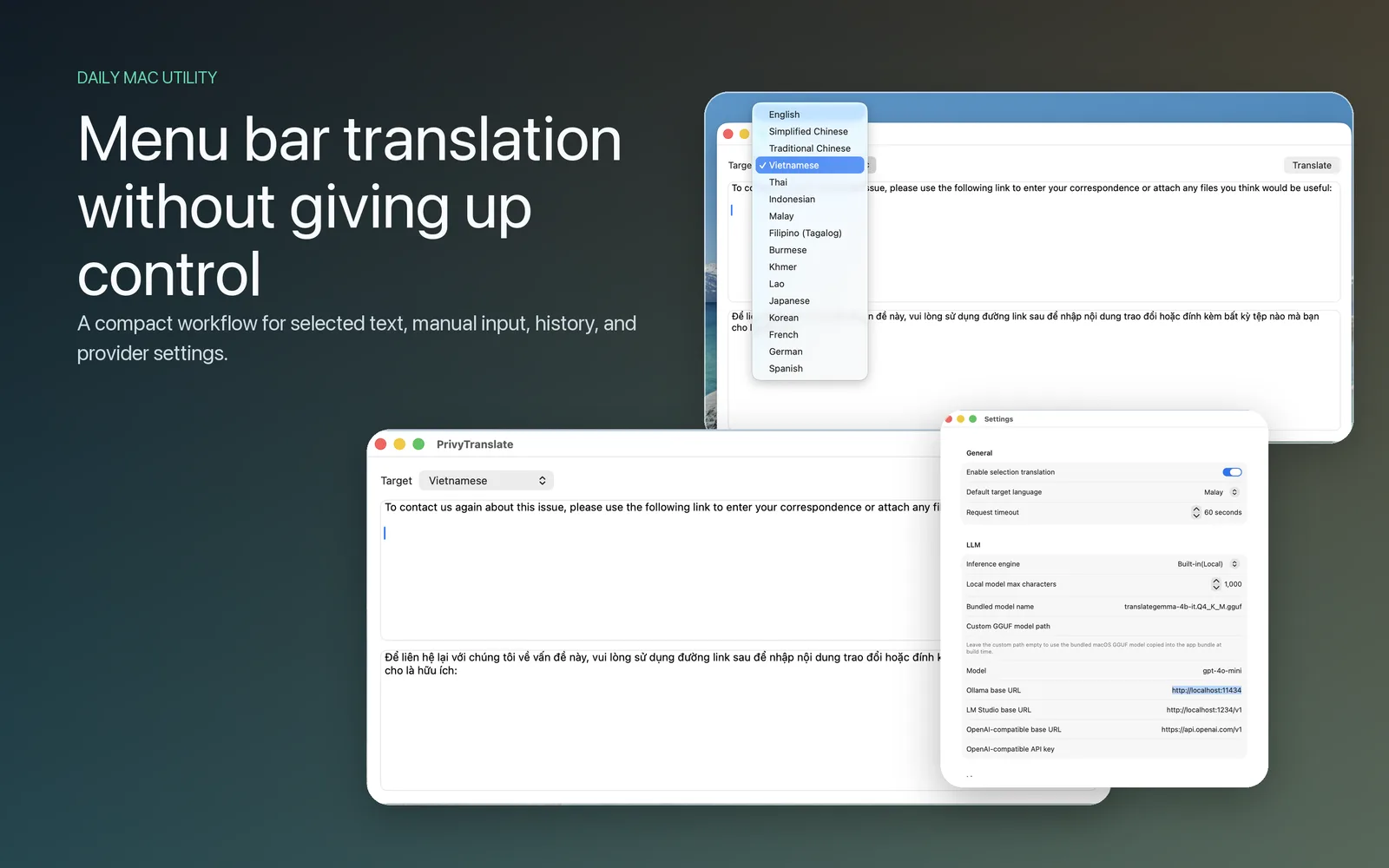 The PrivyTranslate menu-bar window layered over settings and the language picker